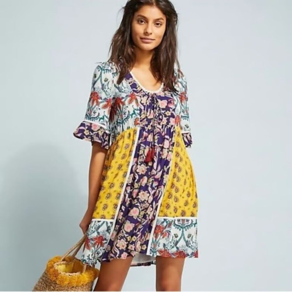 Lilka Anthropologie Patchwork Trapeze Boho Mini Dress Multi Color Size Small